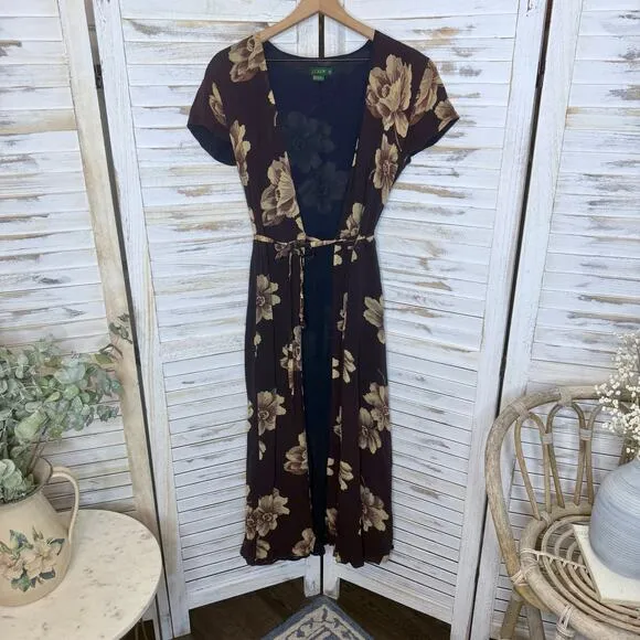 J. CREW VINTAGE Women's 6 Floral Wrap Maxi Dress Flutter Sleeve Brown 90s Y2K