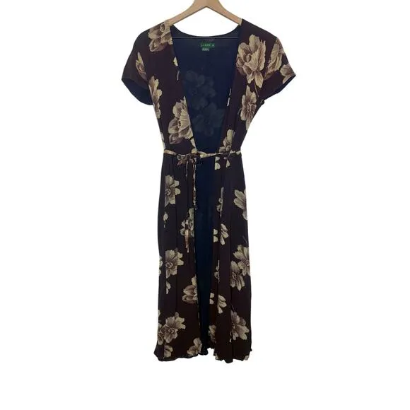J. CREW VINTAGE Women's 6 Floral Wrap Maxi Dress Flutter Sleeve Brown 90s Y2K