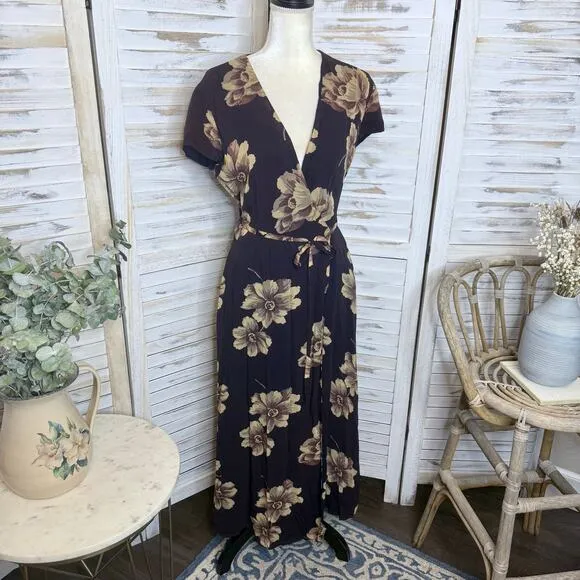 J. CREW VINTAGE Women's 6 Floral Wrap Maxi Dress Flutter Sleeve Brown 90s Y2K