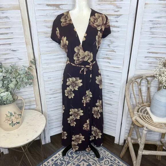 J. CREW VINTAGE Women's 6 Floral Wrap Maxi Dress Flutter Sleeve Brown 90s Y2K
