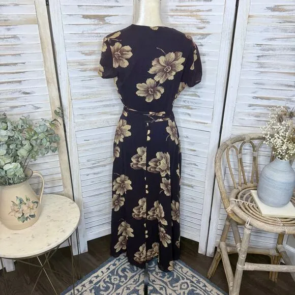 J. CREW VINTAGE Women's 6 Floral Wrap Maxi Dress Flutter Sleeve Brown 90s Y2K