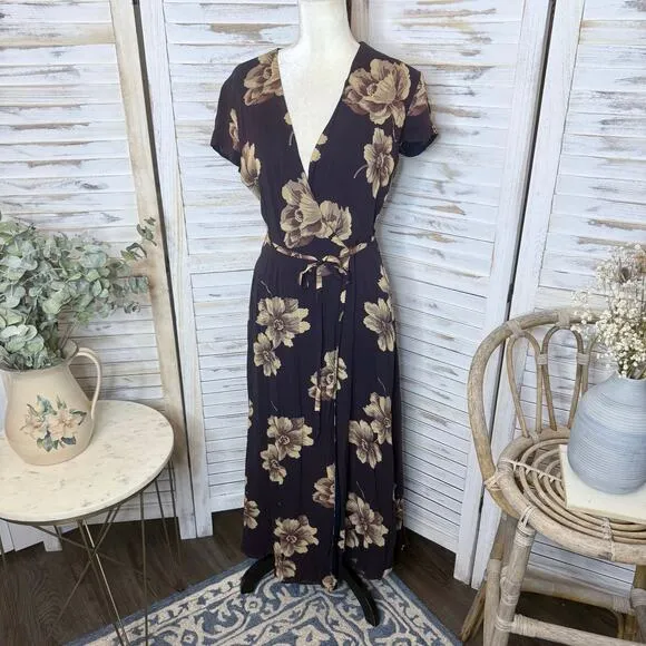 J. CREW VINTAGE Women's 6 Floral Wrap Maxi Dress Flutter Sleeve Brown 90s Y2K