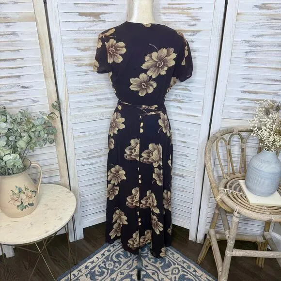 J. CREW VINTAGE Women's 6 Floral Wrap Maxi Dress Flutter Sleeve Brown 90s Y2K