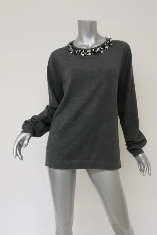 Jason Wu Crystal-Embellished Sweater Dark Gray Wool Size Large Crewneck Pullover