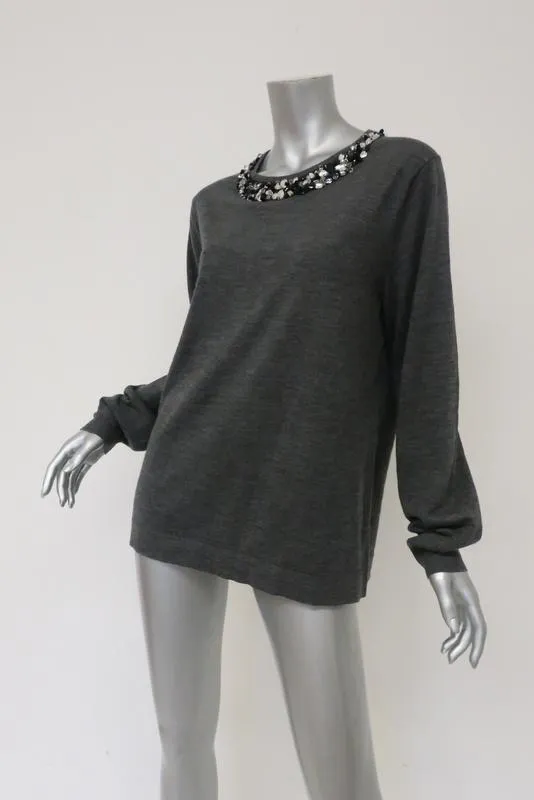 Jason Wu Crystal-Embellished Sweater Dark Gray Wool Size Large Crewneck Pullover