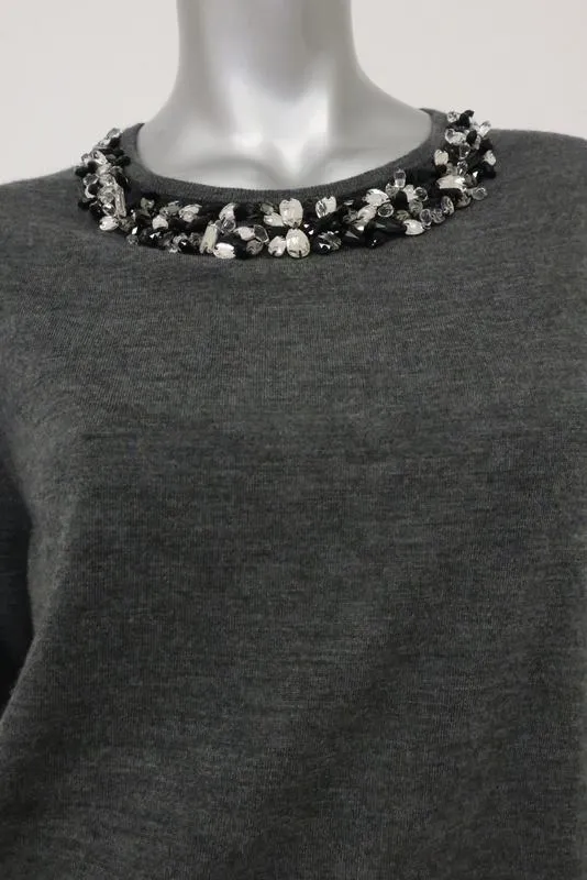 Jason Wu Crystal-Embellished Sweater Dark Gray Wool Size Large Crewneck Pullover