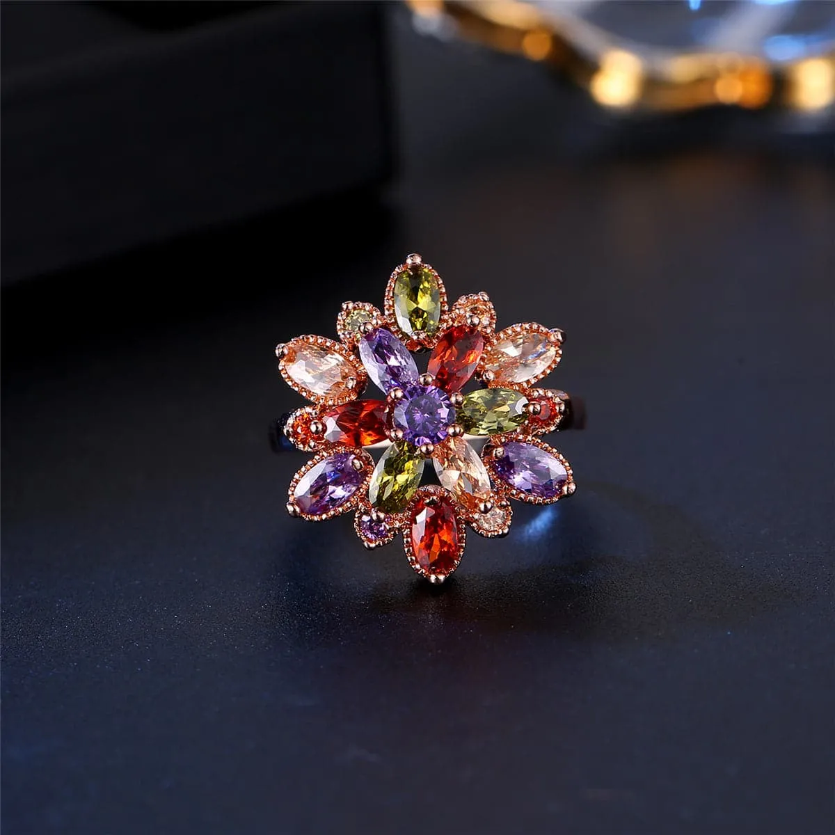 Jewel-Tone Crystal & 18K Rose Gold-Plated Flower Ring