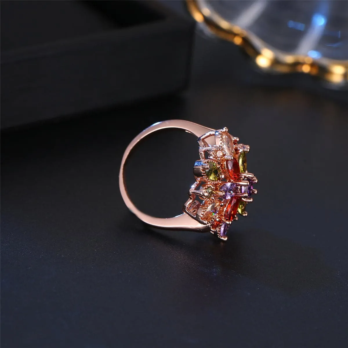 Jewel-Tone Crystal & 18K Rose Gold-Plated Flower Ring