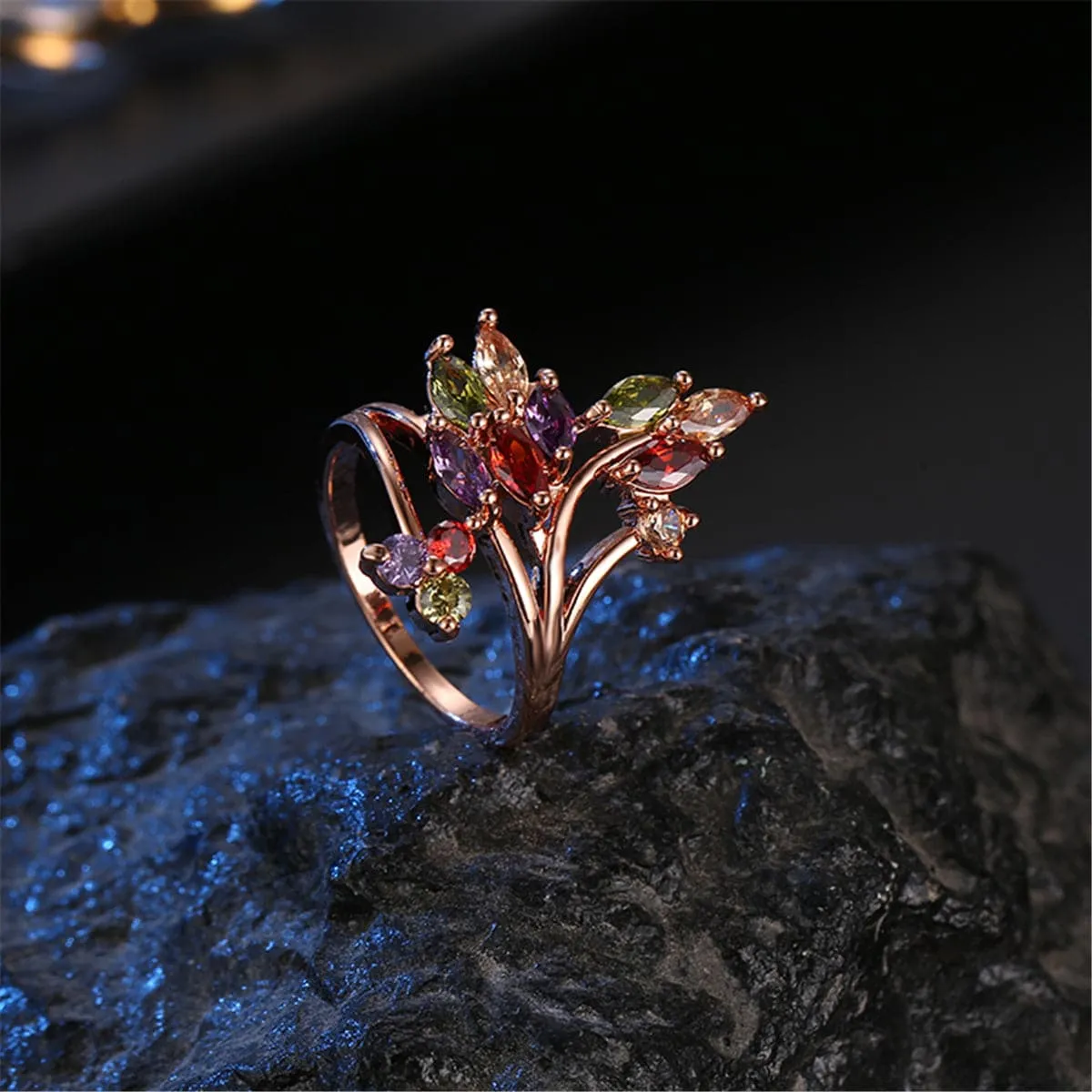 Jewel-Tone Crystal & 18K Rose Gold-Plated Statement Ring