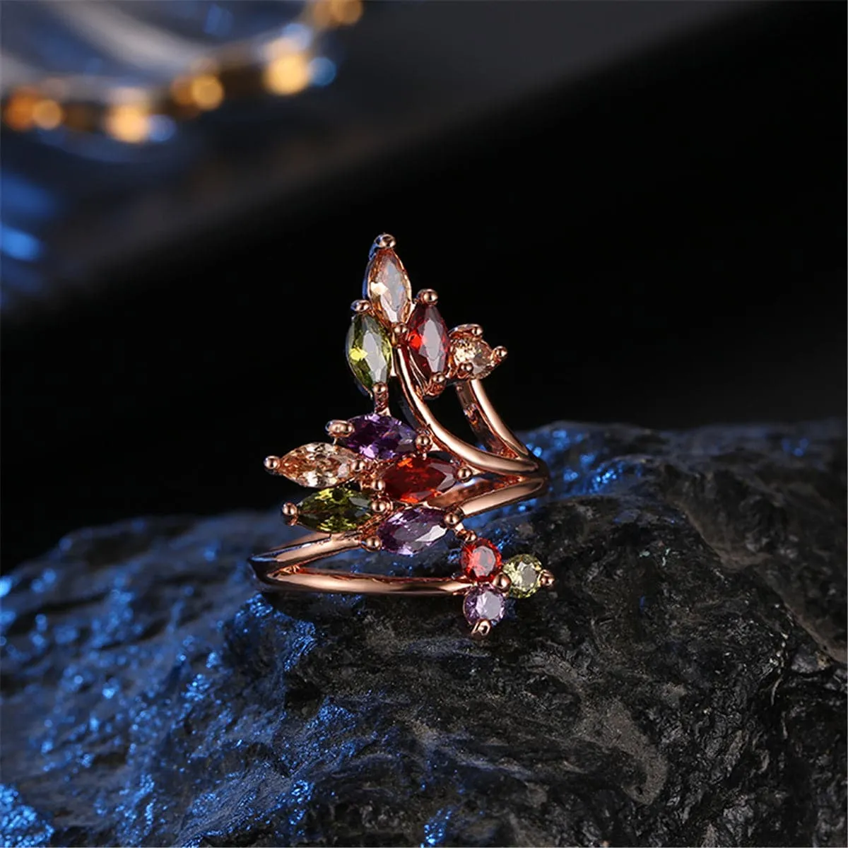 Jewel-Tone Crystal & 18K Rose Gold-Plated Statement Ring