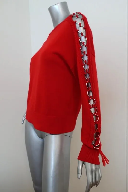 Jonathan Simkhai Ring-Embellished Sweater Red Wool Size Medium Crewneck Pullover