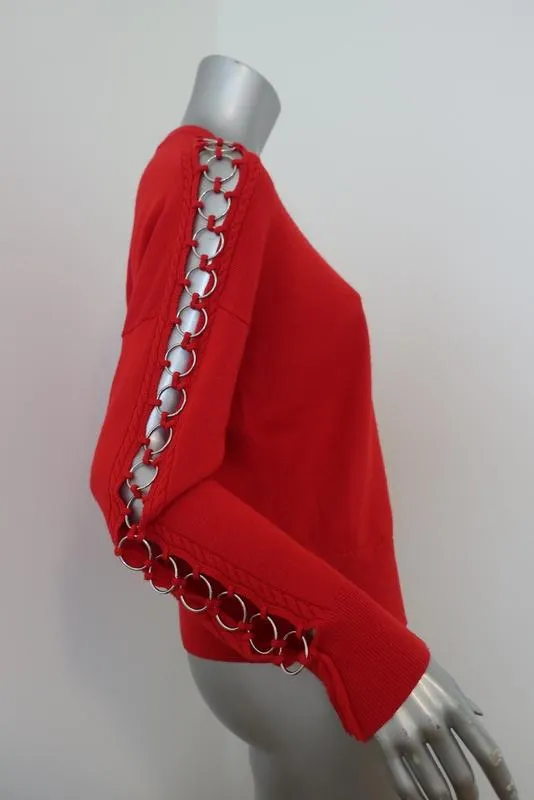 Jonathan Simkhai Ring-Embellished Sweater Red Wool Size Medium Crewneck Pullover
