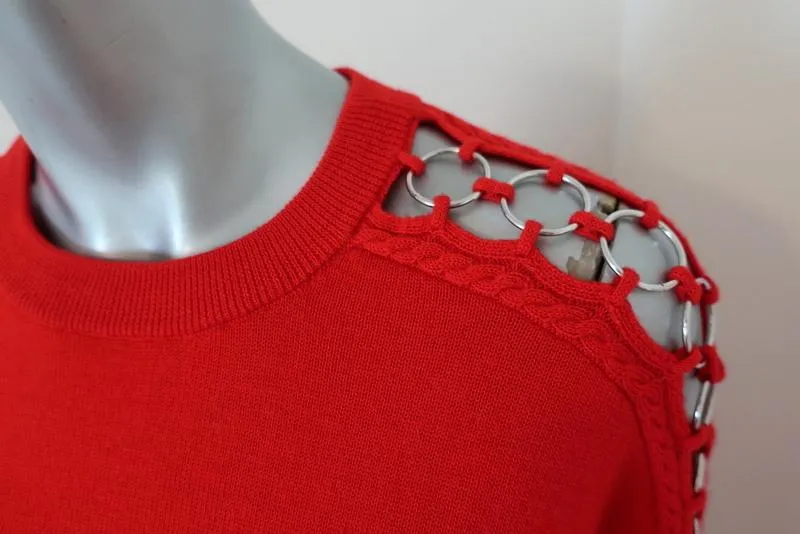 Jonathan Simkhai Ring-Embellished Sweater Red Wool Size Medium Crewneck Pullover
