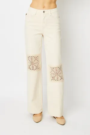 Judy Blue Ecru Jeans w/ Crochet Patch Accent