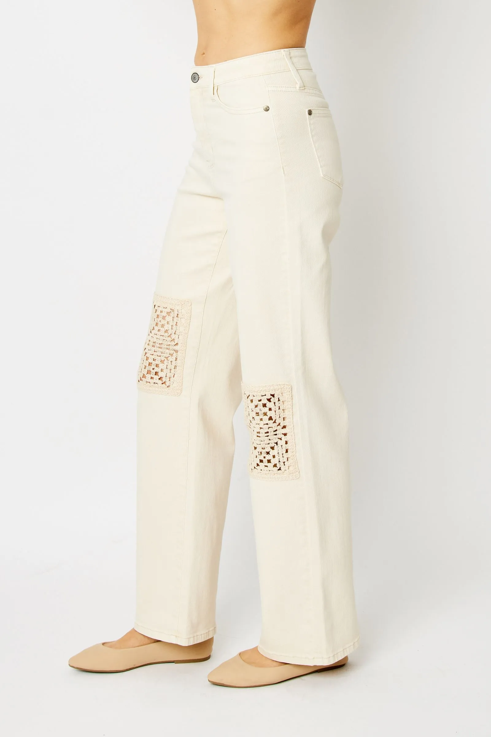 Judy Blue Ecru Jeans w/ Crochet Patch Accent