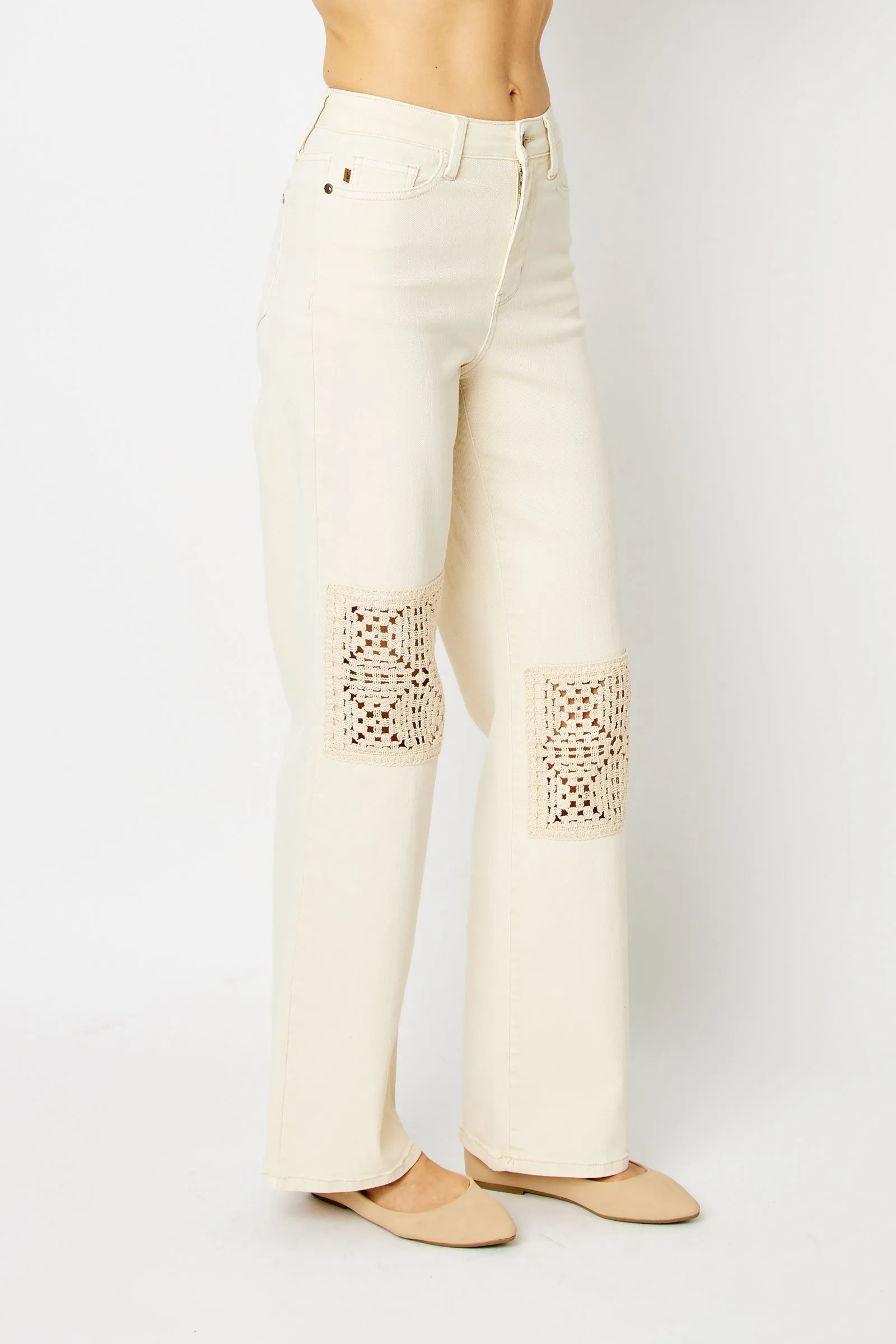 Judy Blue Ecru Jeans w/ Crochet Patch Accent