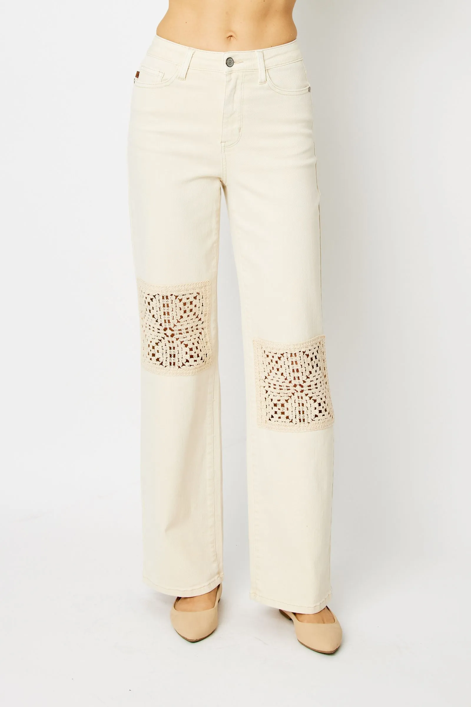 Judy Blue Ecru Jeans w/ Crochet Patch Accent