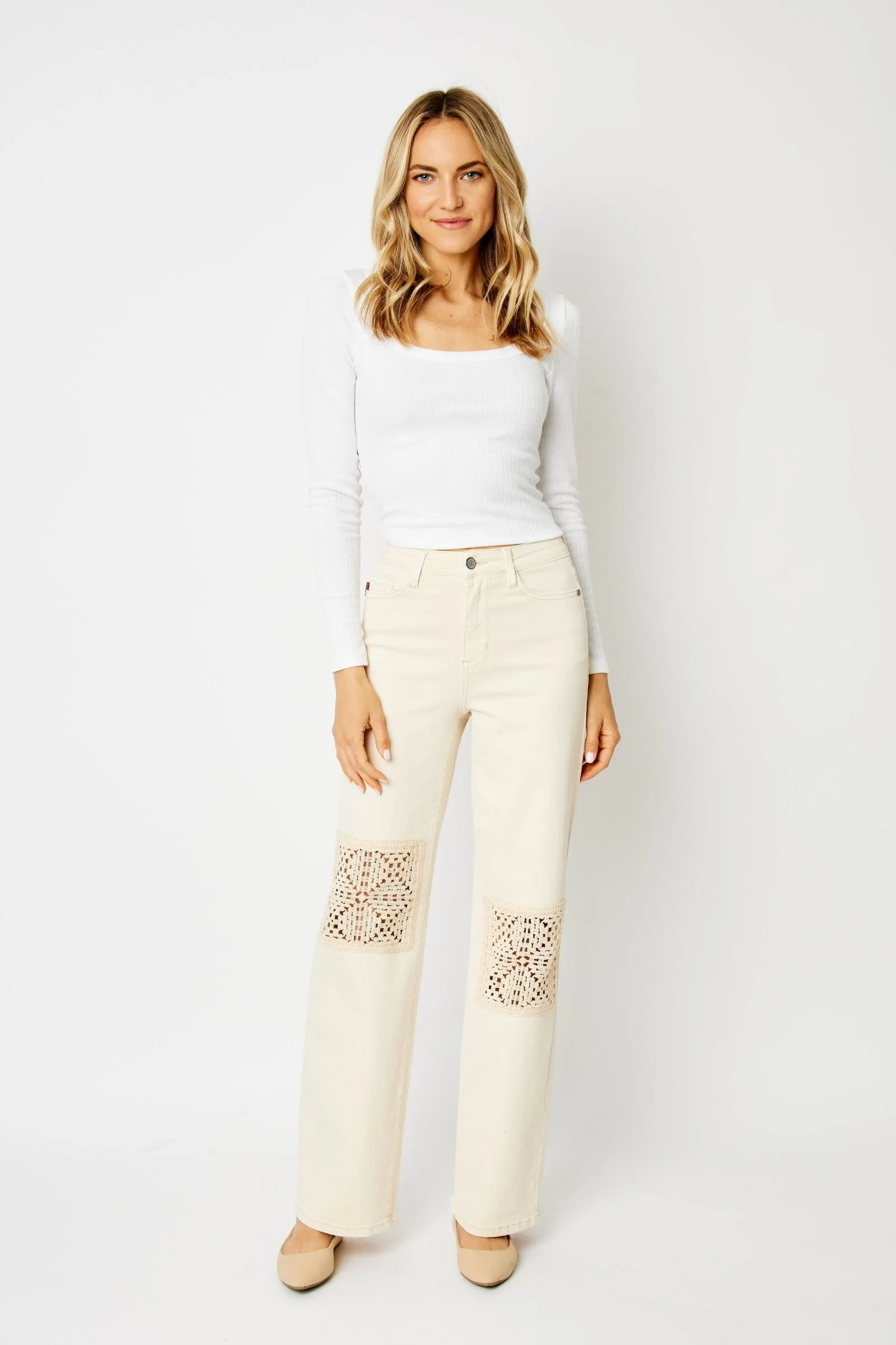 Judy Blue Ecru Jeans w/ Crochet Patch Accent