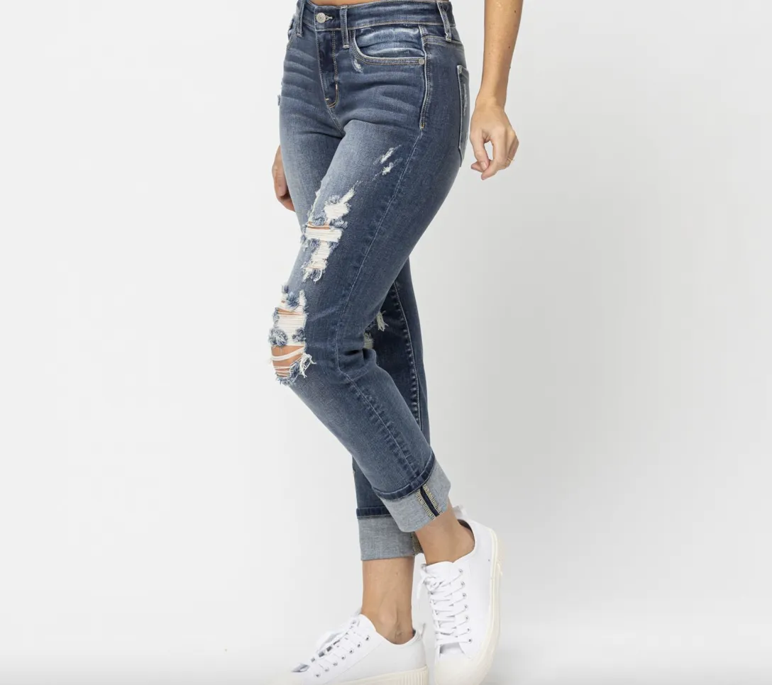 Judy Blue Mid Rise Cuffed Destroyed Boyfriend Jean