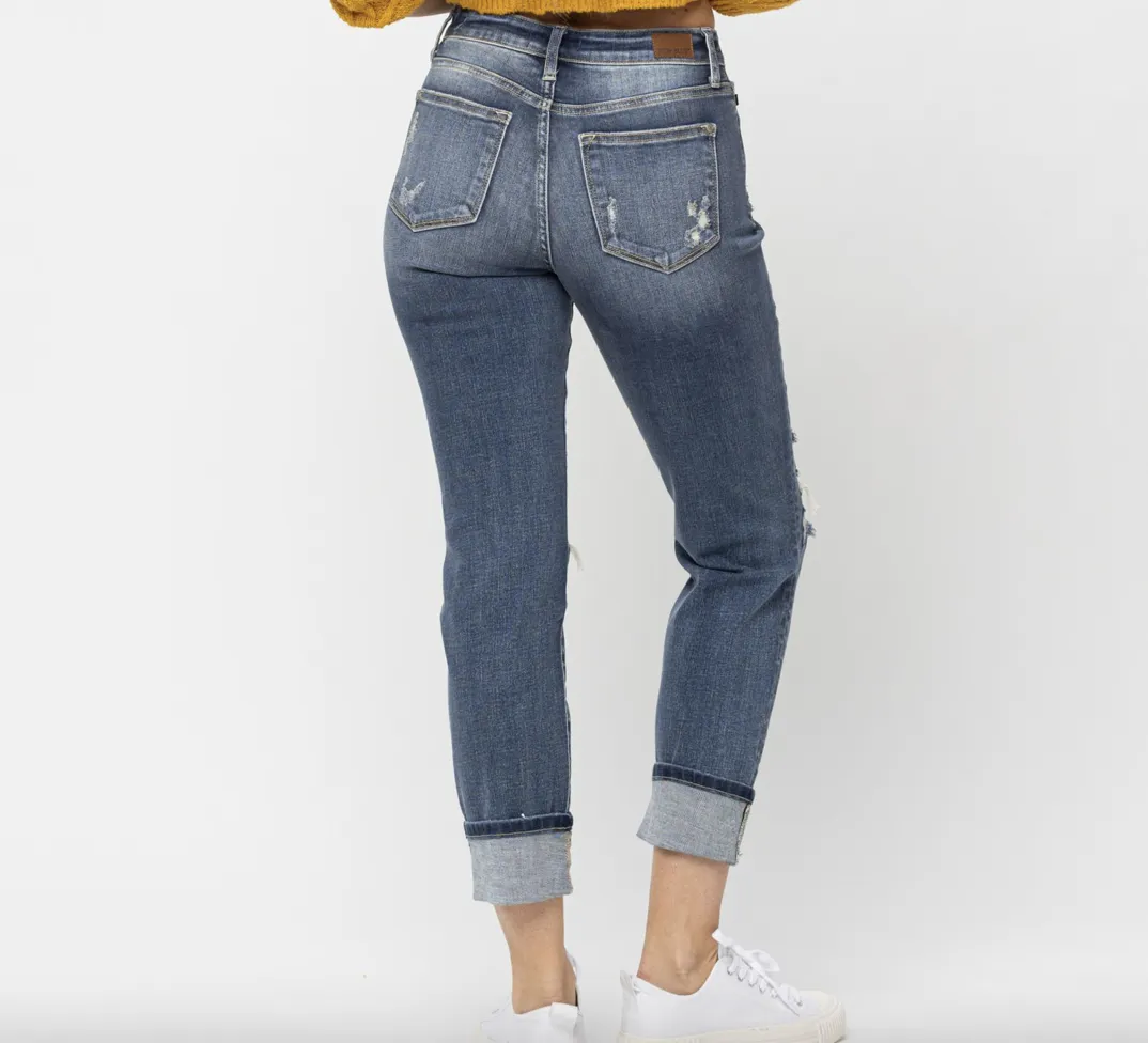 Judy Blue Mid Rise Cuffed Destroyed Boyfriend Jean