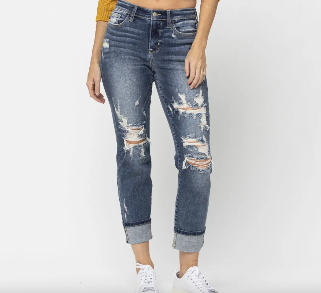 Judy Blue Mid Rise Cuffed Destroyed Boyfriend Jean