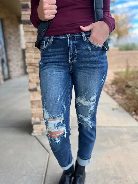 Judy Blue Mid Rise Cuffed Destroyed Boyfriend Jean