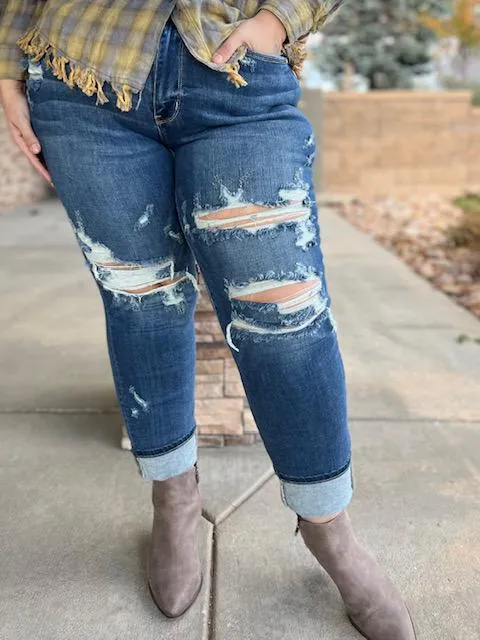 Judy Blue Mid Rise Cuffed Destroyed Boyfriend Jean