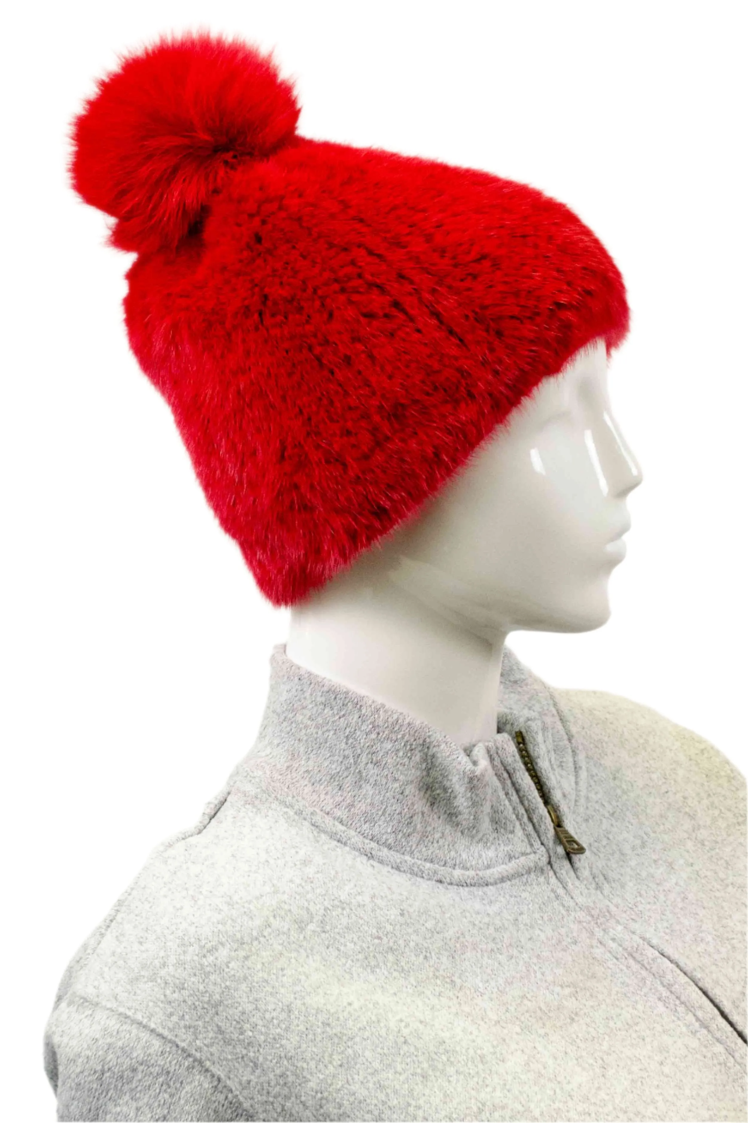 Knitted Mink Fur Beanie with Fox Fur Pom