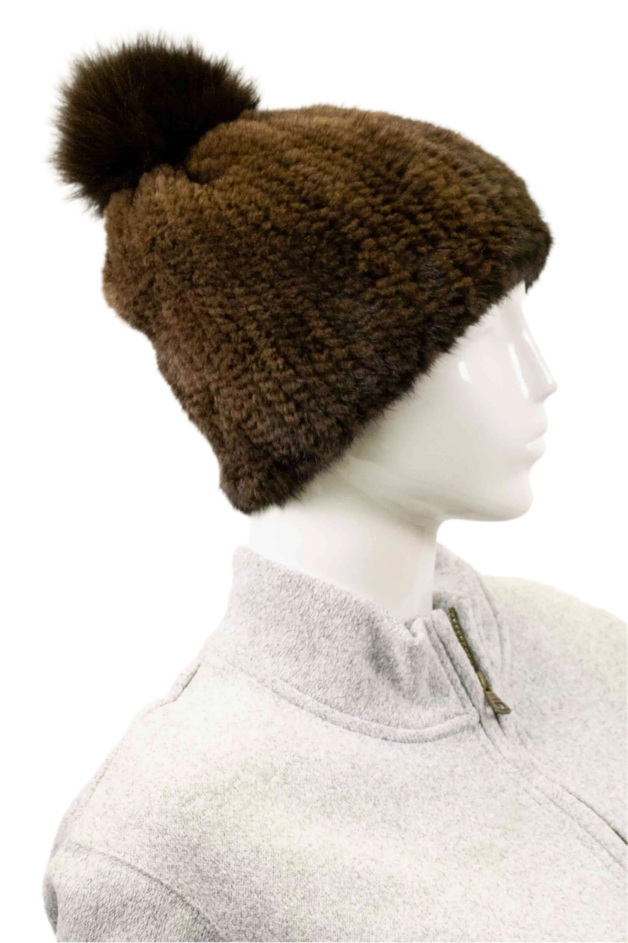 Knitted Mink Fur Beanie with Fox Fur Pom