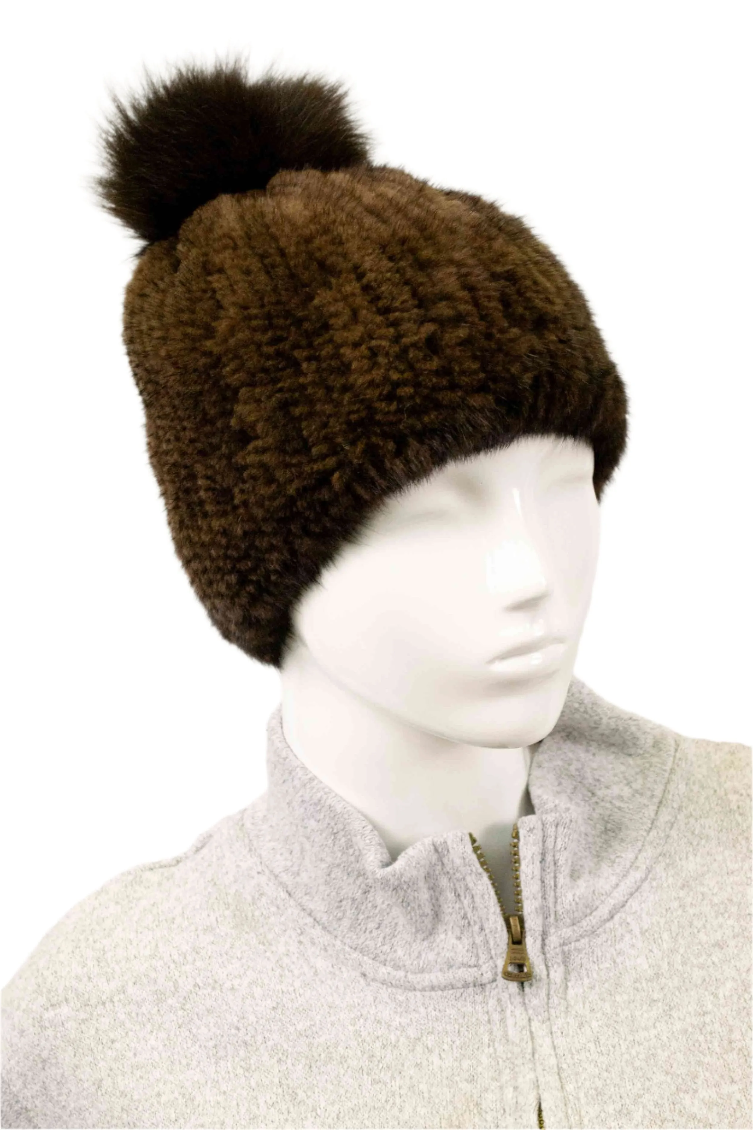 Knitted Mink Fur Beanie with Fox Fur Pom