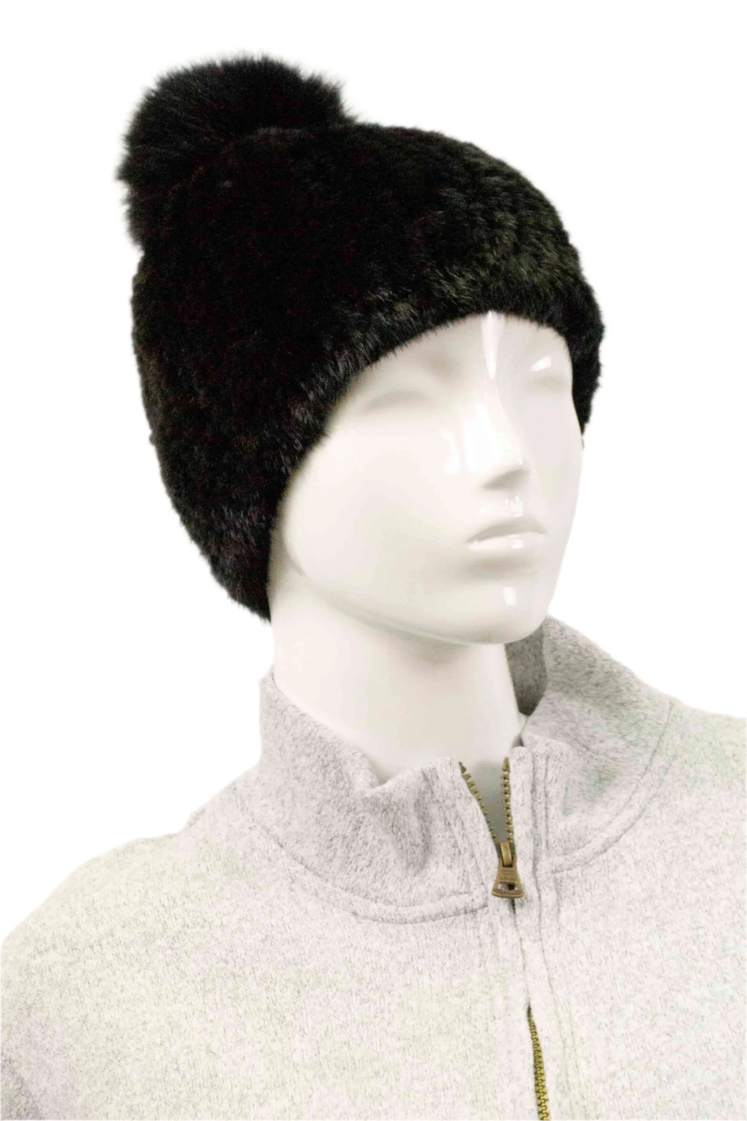 Knitted Mink Fur Beanie with Fox Fur Pom