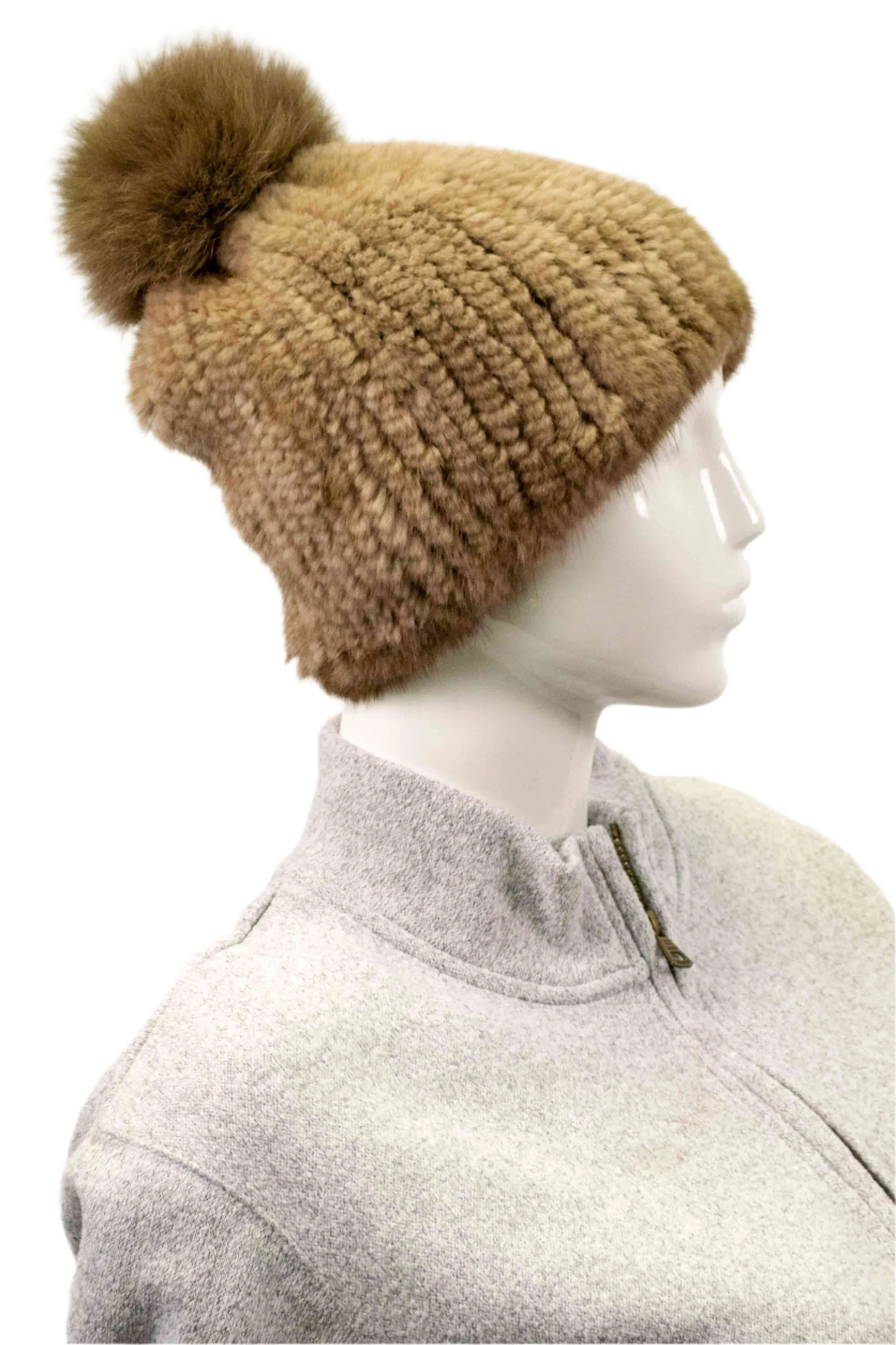 Knitted Mink Fur Beanie with Fox Fur Pom