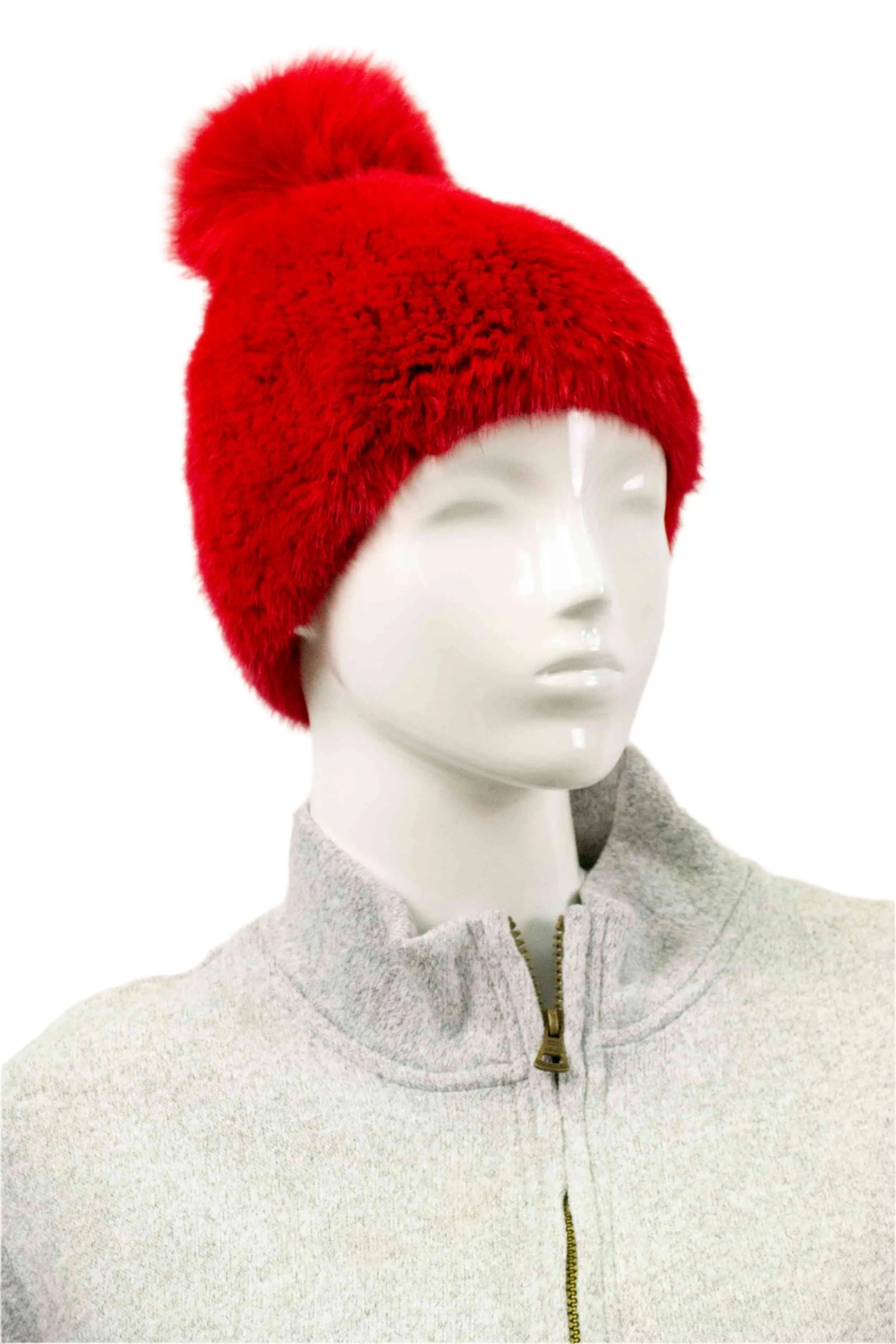 Knitted Mink Fur Beanie with Fox Fur Pom