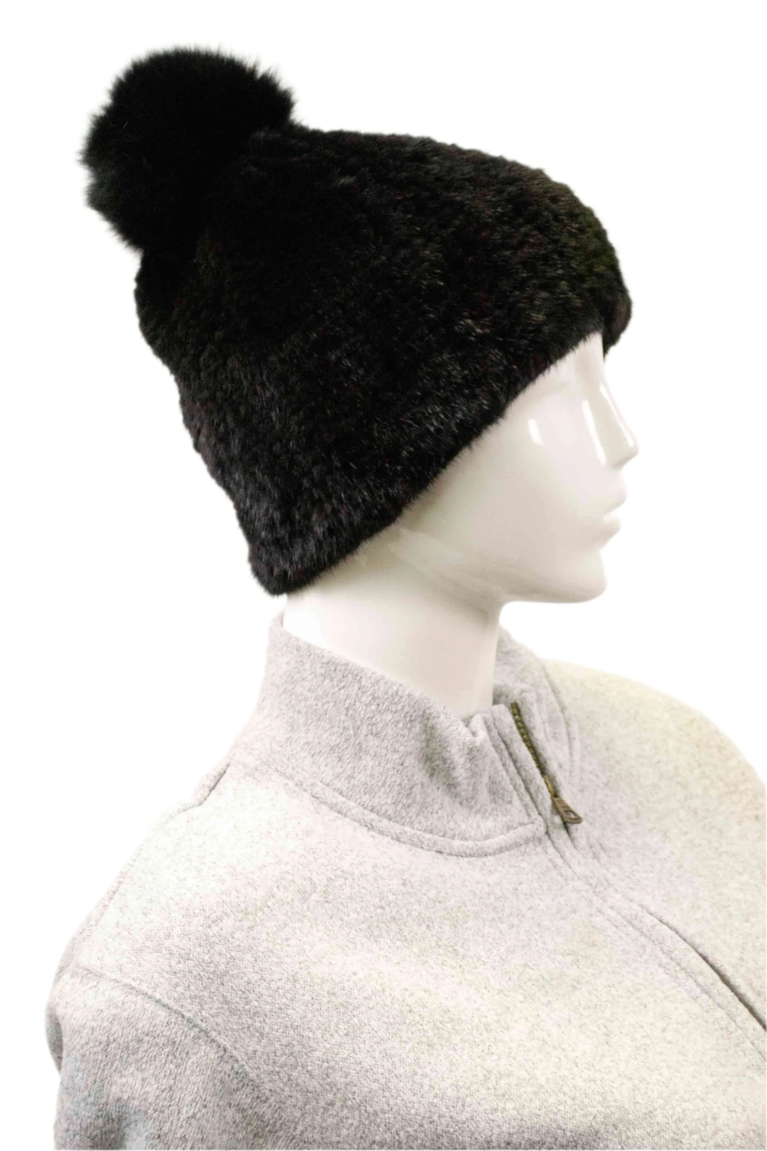 Knitted Mink Fur Beanie with Fox Fur Pom