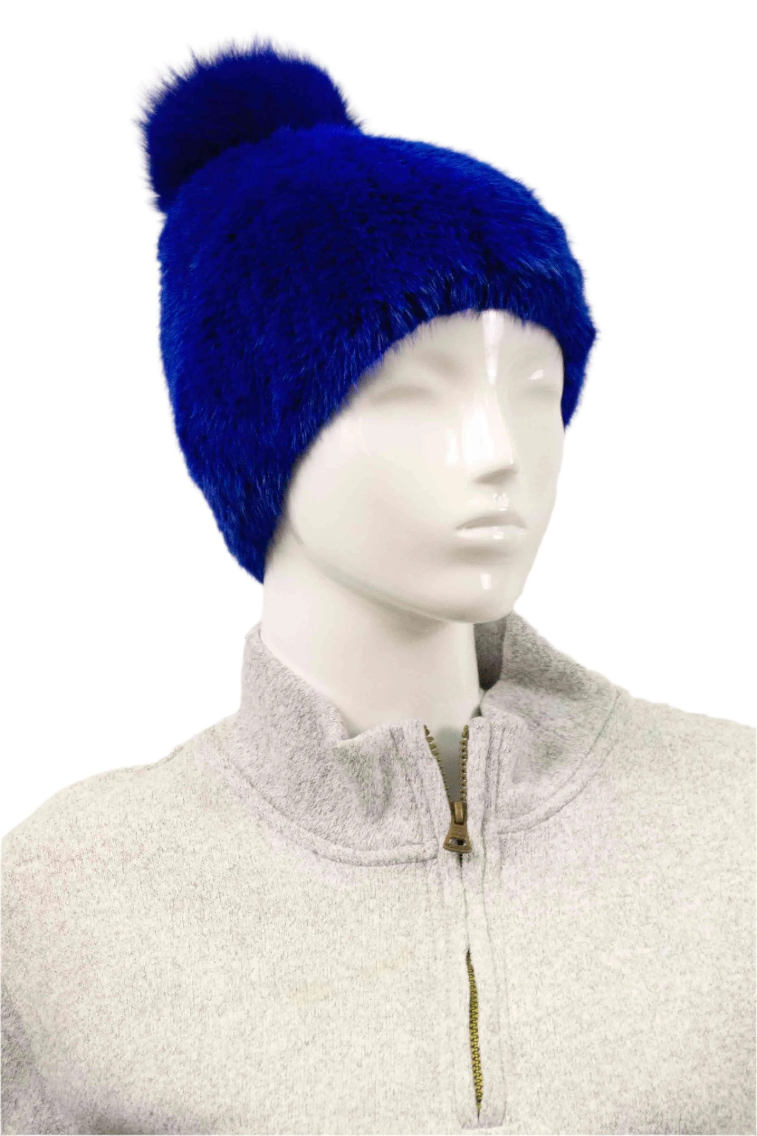 Knitted Mink Fur Beanie with Fox Fur Pom