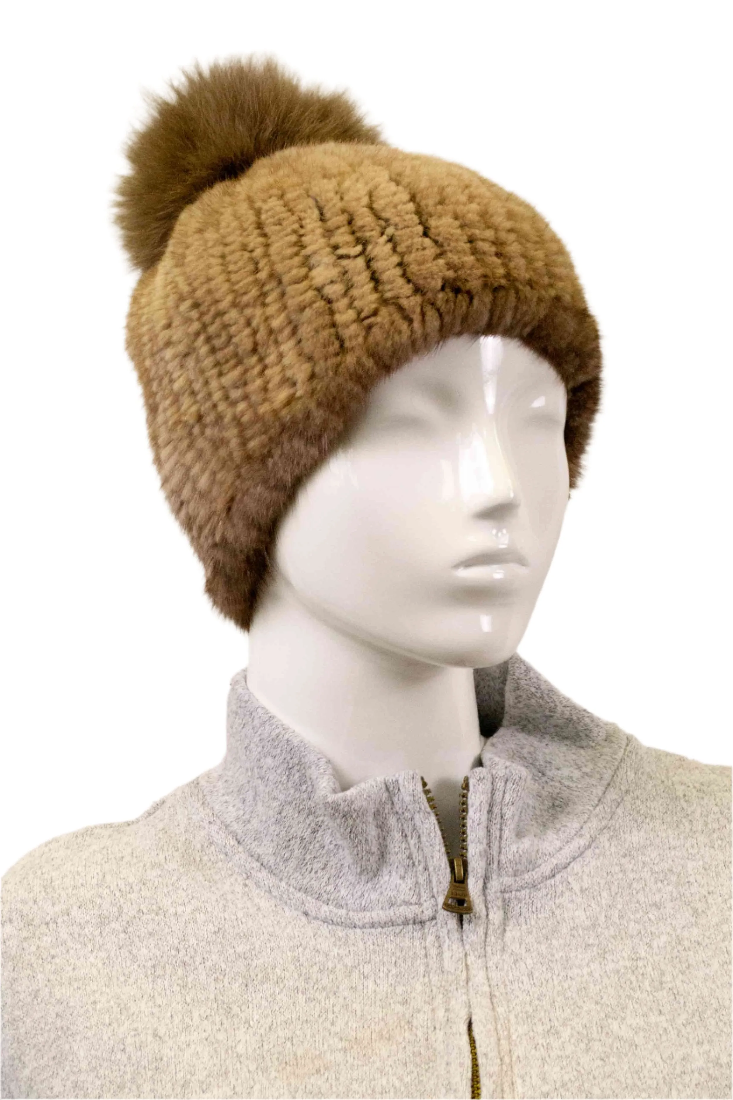 Knitted Mink Fur Beanie with Fox Fur Pom