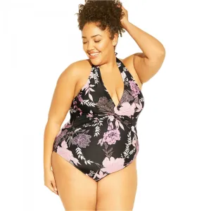 Kona Sol Women's Plus Size Twist Front Halter One Piece Swimsuit