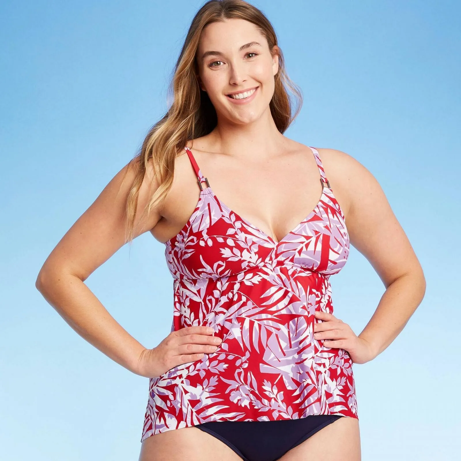 Kona Sol Women's Square Neck Sharkbite Hem Tankini Top Red L