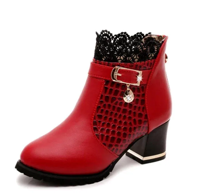 Lace Decoration Leather Winter Ankle Boots