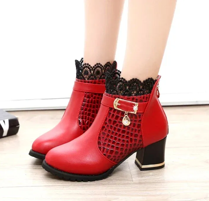 Lace Decoration Leather Winter Ankle Boots