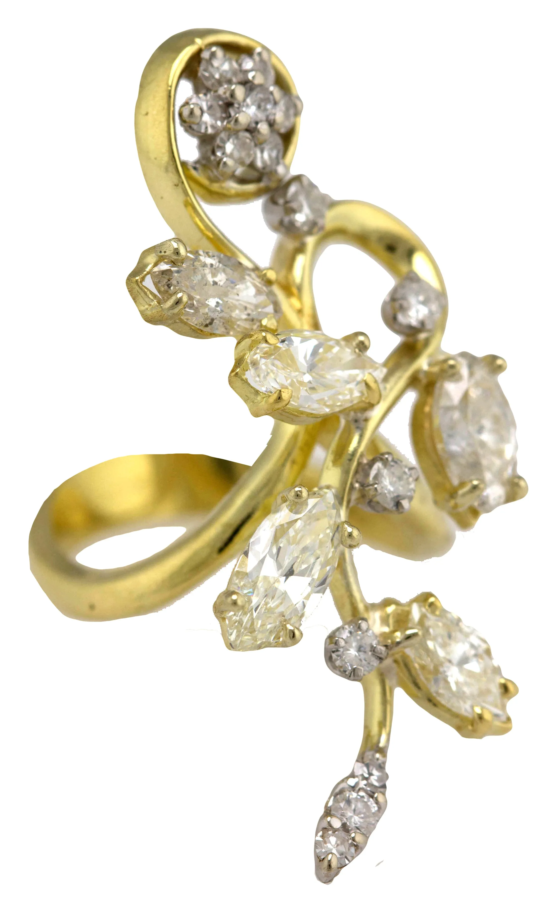 Ladies Modernist 18K Yellow Gold 4.47ctw Marquise Diamond Abstract Cocktail Ring