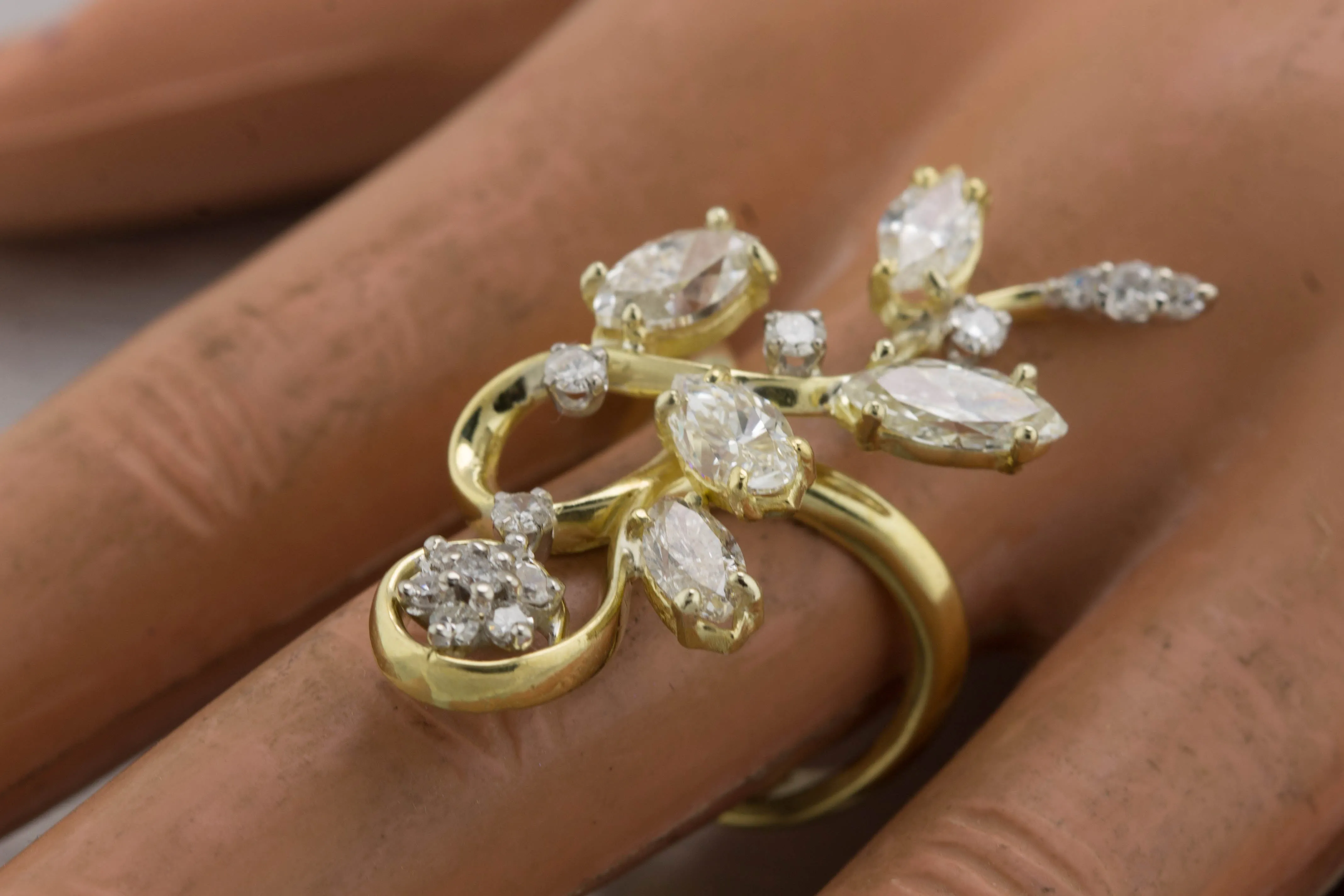 Ladies Modernist 18K Yellow Gold 4.47ctw Marquise Diamond Abstract Cocktail Ring