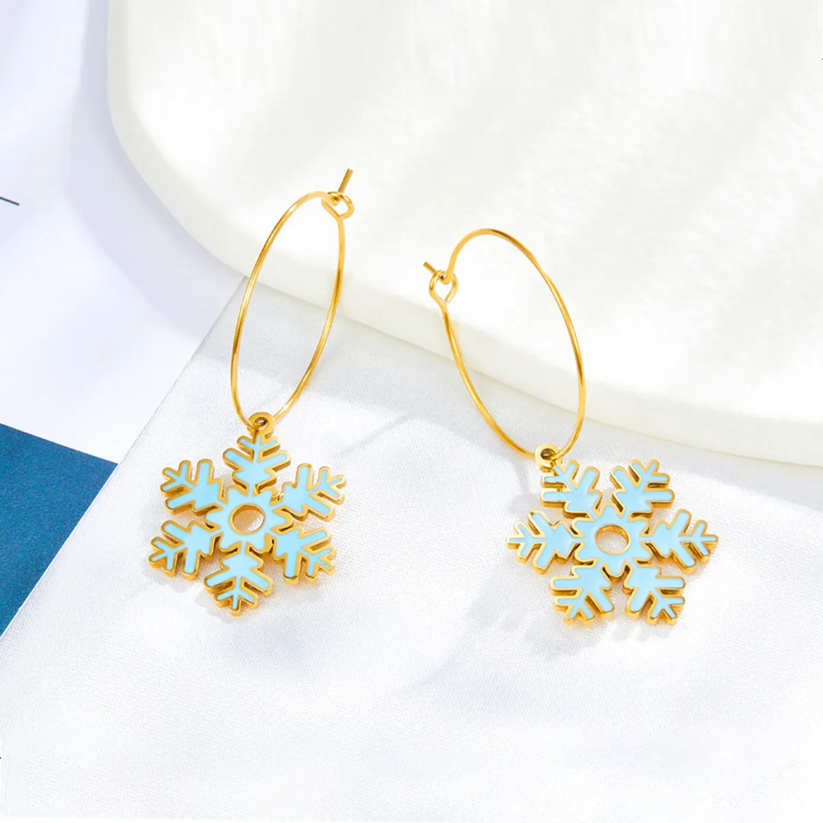 Lake Blue Enamel & 18K Gold-Plated Snowflake Drop Earrings