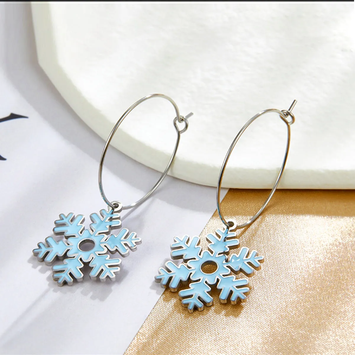 Lake Blue Enamel & Silver-Plated Snowflake Drop Earrings