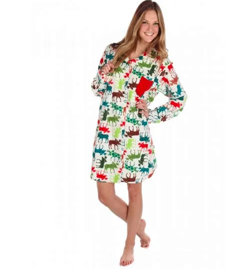 Lazy One Flannel Patterned Moose Button Down Nightshirt