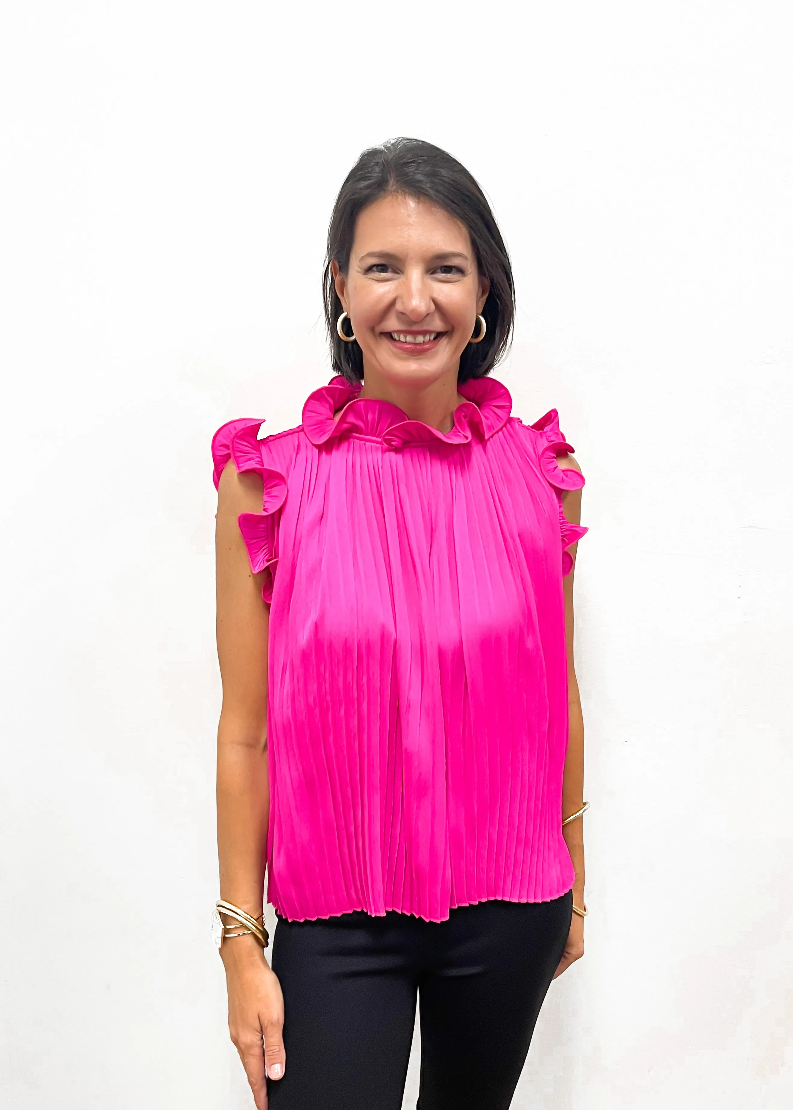 LBLOX Ruffle Neck Sleeveless Pleated Top - Pink