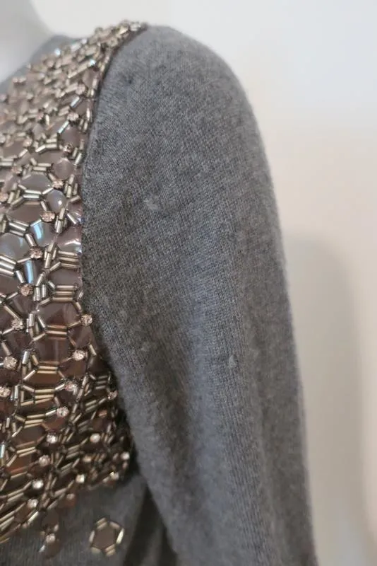 Lela Rose Sweater Gray Beaded & Crystal-Embellished Wool Pullover Size Large