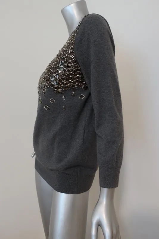 Lela Rose Sweater Gray Beaded & Crystal-Embellished Wool Pullover Size Large