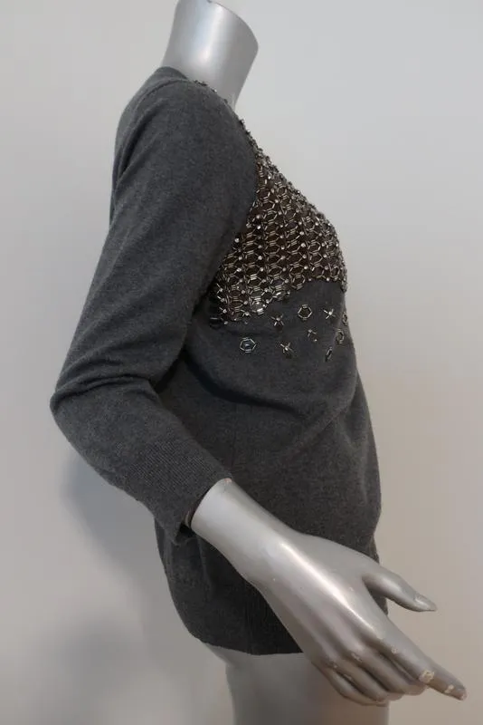 Lela Rose Sweater Gray Beaded & Crystal-Embellished Wool Pullover Size Large
