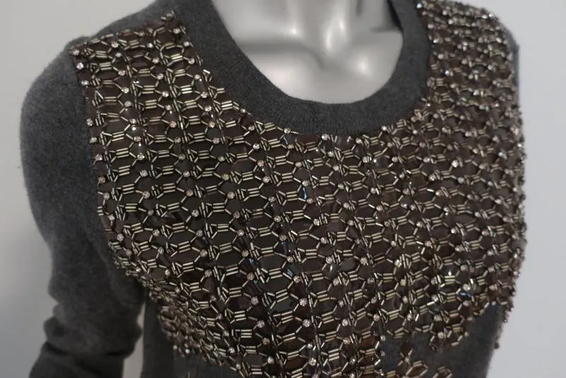 Lela Rose Sweater Gray Beaded & Crystal-Embellished Wool Pullover Size Large
